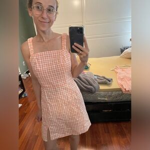 Arizona Jean company plaid/gingham peach mini dress with slit. Sold out NWT!